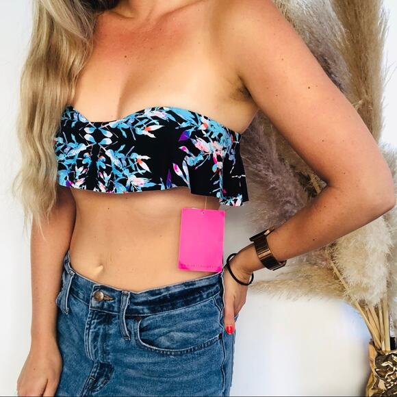 NEW BEACH RIOT REVOLVE Black White Blue Floral Bandeau Ruffle Bikini Swim Top L - Picture 1 of 8